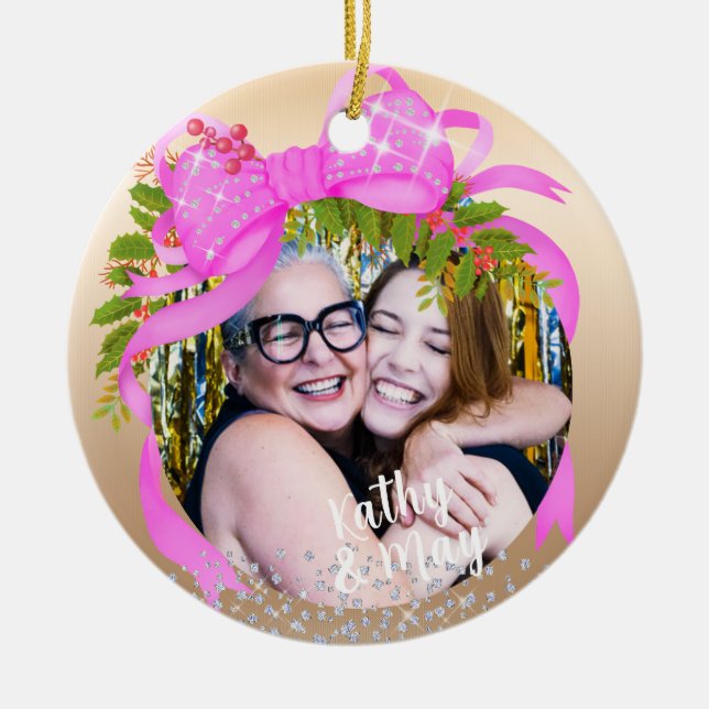 Glitting Pink Ribbon Foto Weihnachten Gold Keramik Ornament (Vorne)