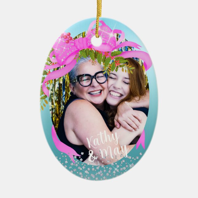 Glitting Pink Ribbon Foto Weihnachtsblau Keramik Ornament (Vorne)