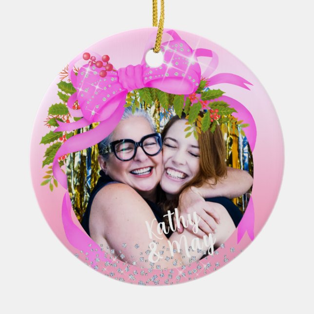 Glitting Pink Ribbon Foto Weihnachtsrosa Keramik Ornament (Vorne)