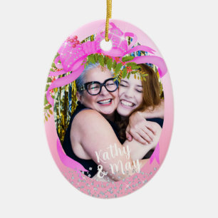 Glitting Pink Ribbon Foto Weihnachtsrosa Keramik Ornament