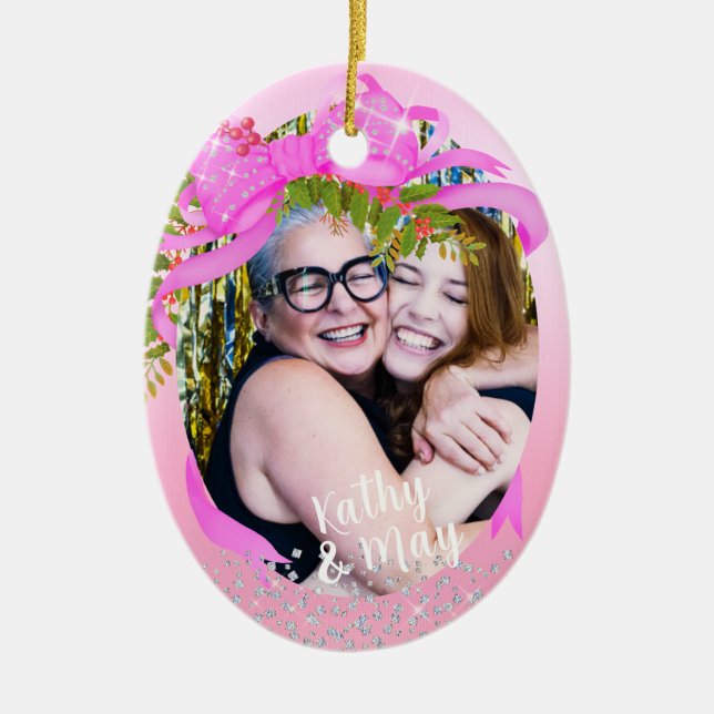 Glitting Pink Ribbon Foto Weihnachtsrosa Keramik Ornament (Vorne)
