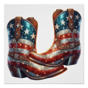 Glitz Amerikanische Flagge Cowboy-Stiefel Poster