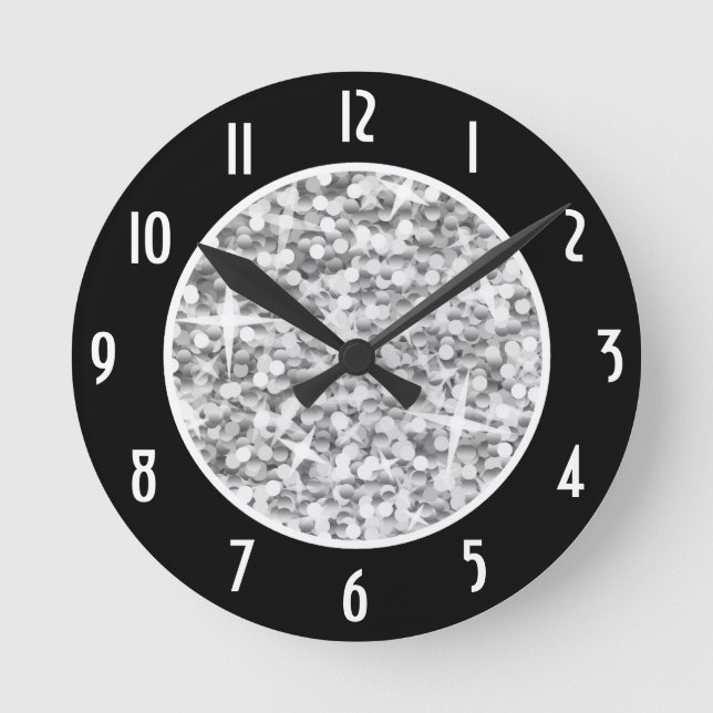Glitz "Argent" Noir 'Numéros' horloge ronde (Recto)