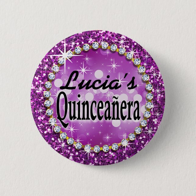 Glitz bezaubernde Bling Quinceañera Feier lila Button (Vorderseite)