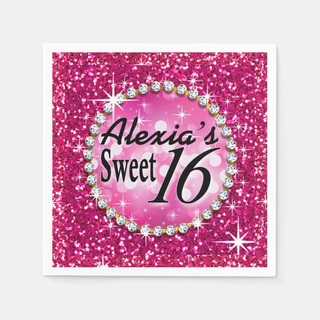 Glitz Bling Glitzer Sparkle Sweet 16 | Fuchsie Serviette (Vorderseite)