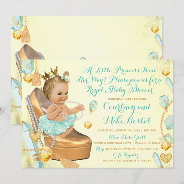 Glitz & Glam Mint Green & Yellow Baby Dusche Einladung (Vorne/Hinten)