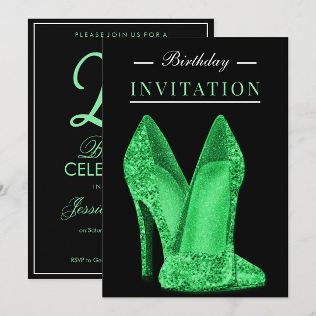 Glitz & Glamour Hellgrün 25. Geburtstag Einladung (Vorne/Hinten)