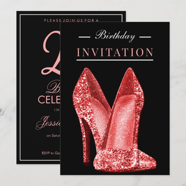 Glitz & Glamour Rot 25. Geburtstag Einladung (Vorne/Hinten)