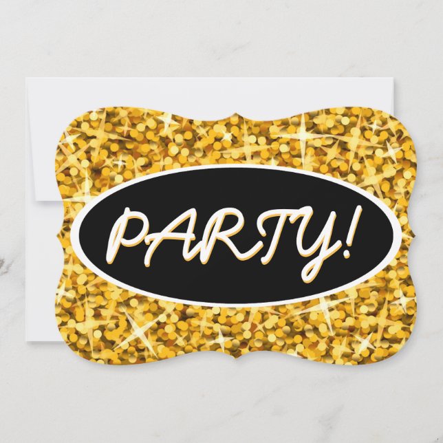 Glitz "Gold" 'Party!' schwarze ovale Klammer Einladung (Vorderseite)