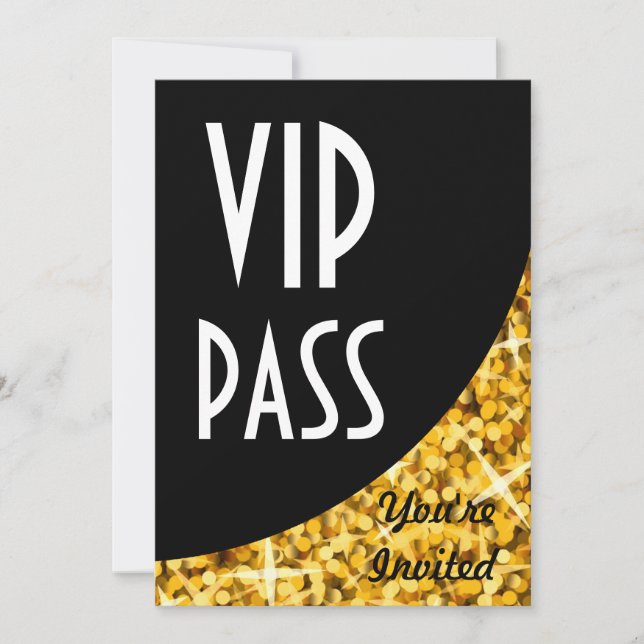 Glitz Gold" schwarze Kurve "VIP Pass" Einladung (Vorderseite)