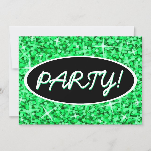 Glitz Green 'Party', schwarz ovale Einladung (Vorderseite)