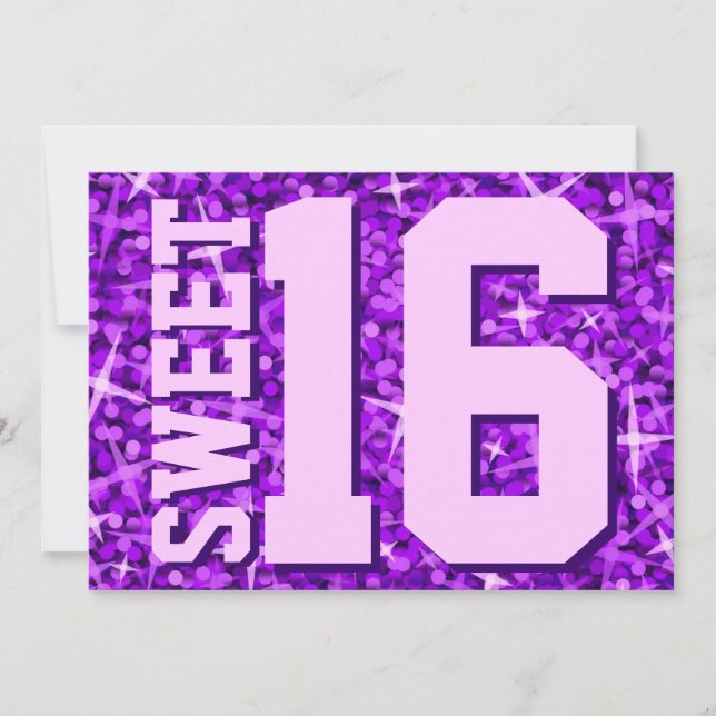 Glitz Lila "Sweet 16"-Einladung horizontal Einladung (Vorderseite)