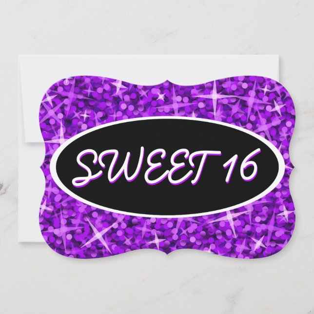 Glitz Lila "Sweet 16" schwarze ovale Klammer Einladung (Vorderseite)