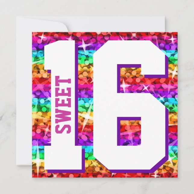 Glitz Rainbow Stripe 'Sweet 16' Einladung Quadrat (Vorderseite)