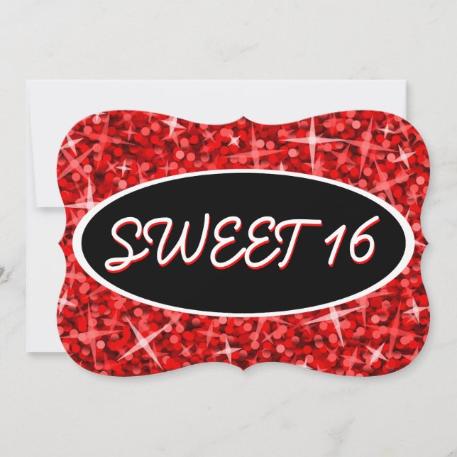 Glitz Red 'Sweet 16' schwarze ovale Einladungshalt Einladung (Vorderseite)
