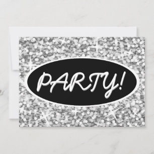 Glitz "Silver" "Party!" Schwarz-Oval-Einladung Einladung