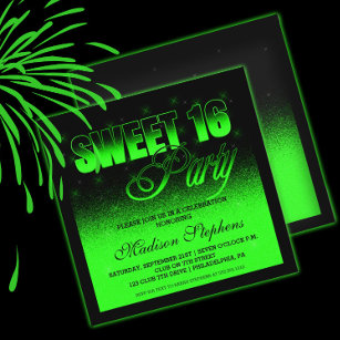 Glitz und Glamour Black and Neon Green Sweet 16 Einladung