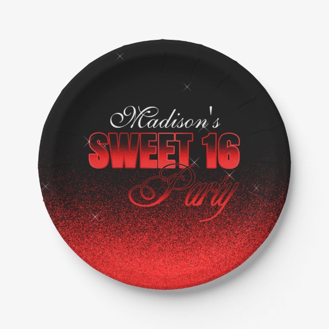 Glitz und Glamour Black and Red Sweet 16 Pappteller (Vorderseite)