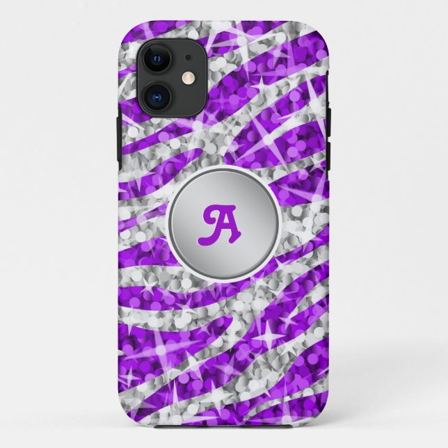 Glitz Zebra Lila monogramm iPhone Case 'silber' (Rückseite)