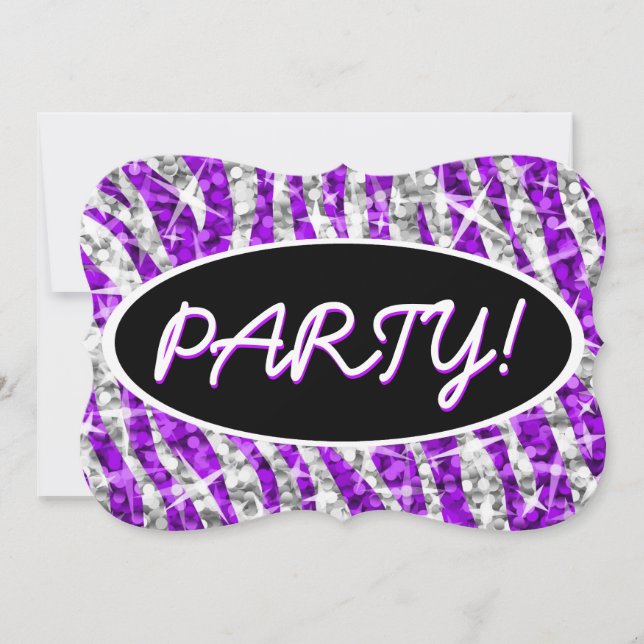 Glitz Zebra Lila "Party" schwarze ovale Klammer Einladung (Vorderseite)