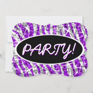 Glitz Zebra Lila "Party" schwarze ovale Klammer Einladung