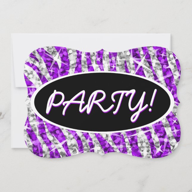Glitz Zebra Lila "Party" schwarze ovale Klammer Einladung (Vorderseite)