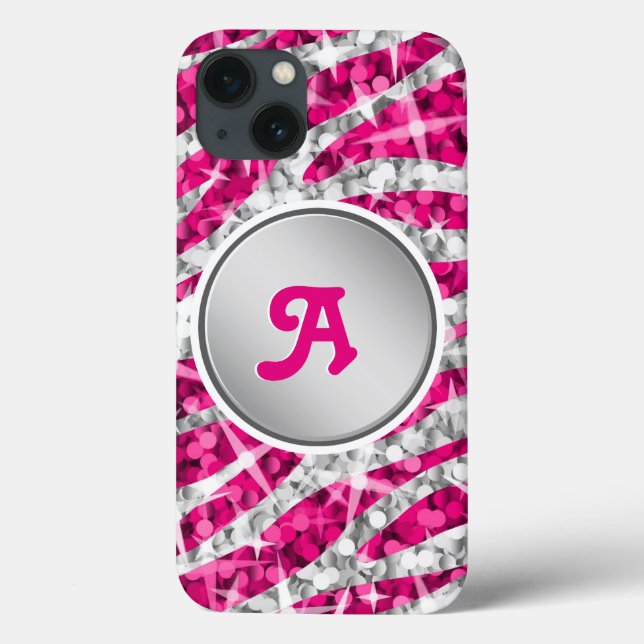 Glitz Zebra Pink Print Monogramm Silber Case-Mate iPhone Hülle (Rückseite)