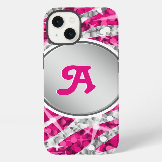 Glitz Zebra Pink Print Monogramm Silber iPhone Hülle (Rückseite)