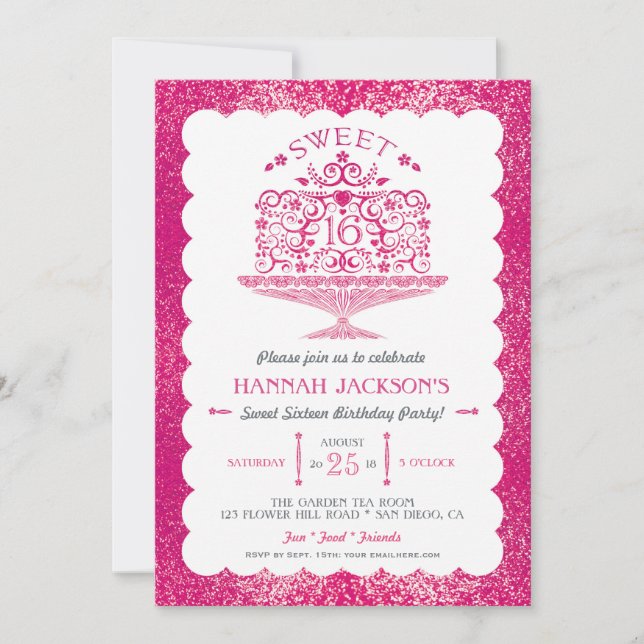 Glitzer 16 . Geburtstag Lacy Birthday Cake Party Einladung (Vorderseite)