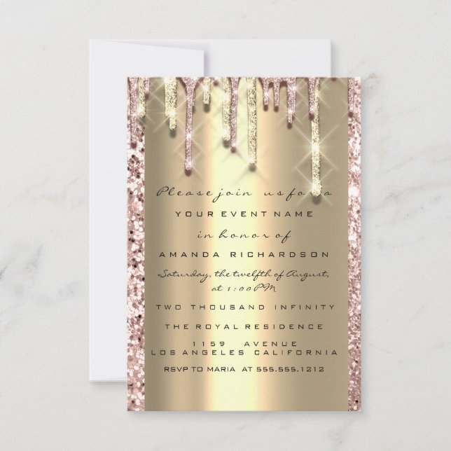 Glitzer 3D Tropfen Rose Bridal Sweet 16. Gold Einladung (Vorderseite)
