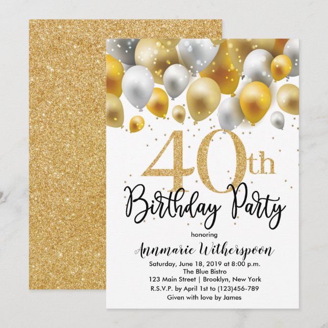 Glitzer 40. Geburtstag Einladung Gold Ballons (Vorne/Hinten)