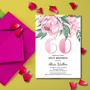 Glitzer 60. Pink Peony Floral Greenery Geburtstag Einladung