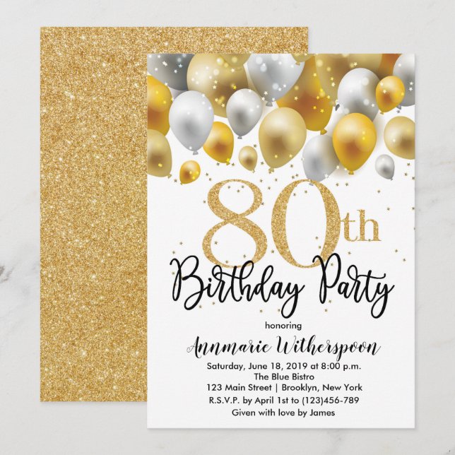 Glitzer 80. Geburtstag Einladung Gold Ballons (Vorne/Hinten)