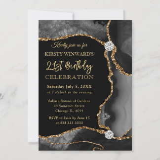 Glitzer Agate Birthday für Black and Gold Imitats Einladung