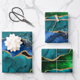 Glitzer Agate, Imitat für blaue und grüne Pfauenbä Geschenkpapier Set