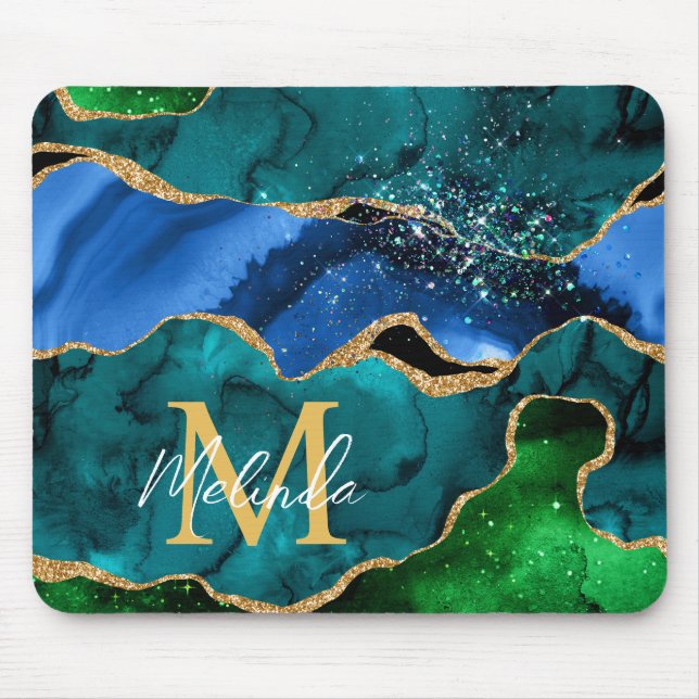 Glitzer Agate, Imitat für blaue und grüne Pfauenbä Mousepad (Vorne)