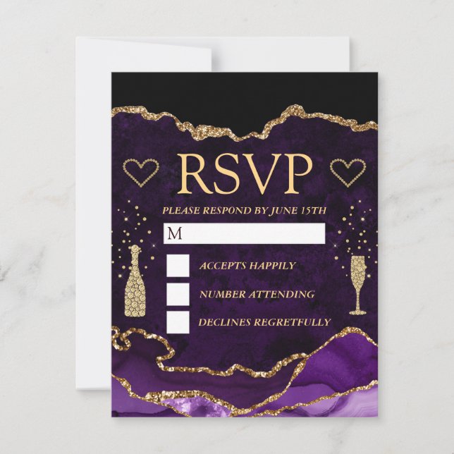 Glitzer Agate Marble Wedding mit lila und Gold Imi RSVP Karte (Vorderseite)