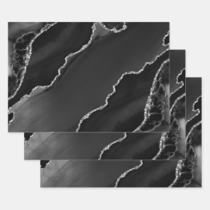 Glitzer Agate: Schwarze und Silberne Imitate Geschenkpapier Set