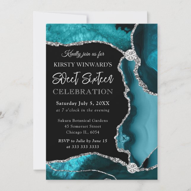 Glitzer Agate Sweet aquamarin und Silver Imitats 1 Einladung (Vorderseite)