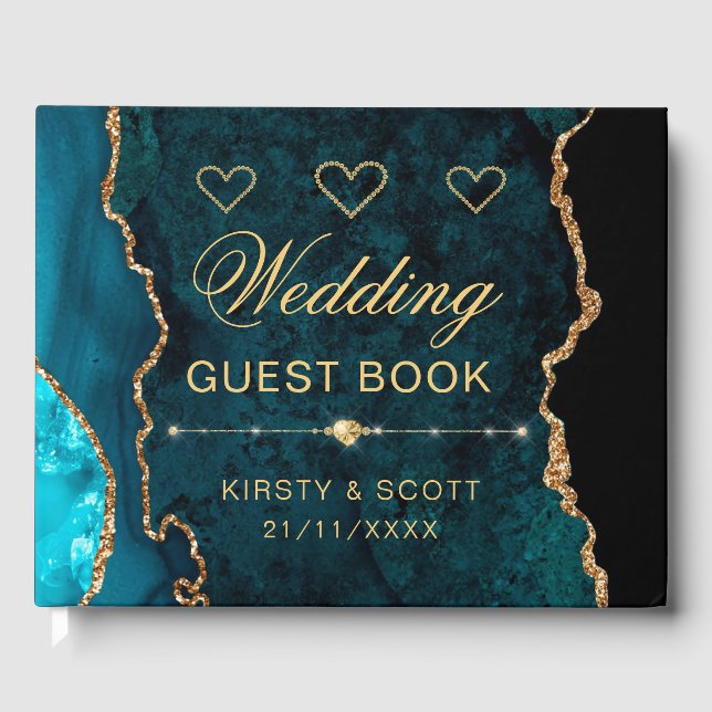 Glitzer Agate Wedding mit aquamarinen Imitaten Gästebuch (Vorderseite)