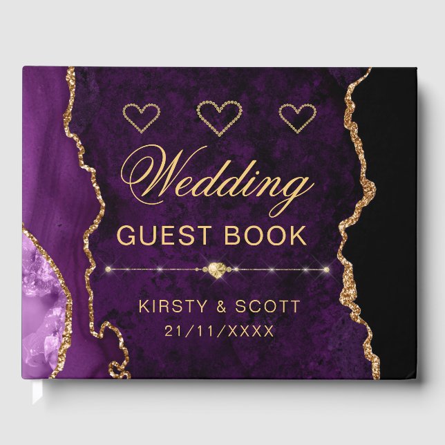 Glitzer Agate Wedding mit lila Imitaten Gästebuch (Vorderseite)