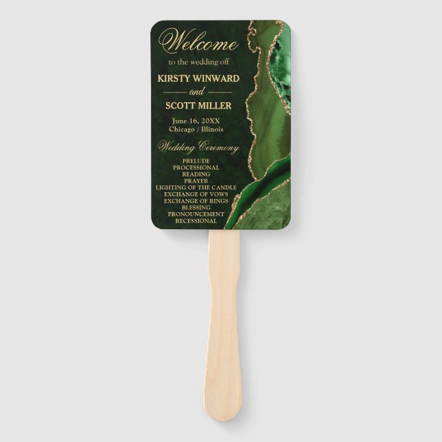 Glitzer Agate Wedding Program für Green und Gold I Fächer (Vorderseite)