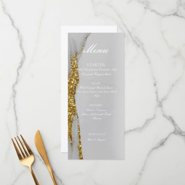 Glitzer Alcohol Tinte handmade Gold Flat Menü Menükarte (Vorderseite/Rückseite Beispiel)
