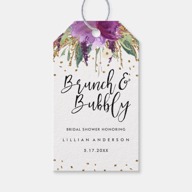 Glitzer Amethyst Brunch und Bubbly Brautparty Geschenkanhänger (Vorderseite)