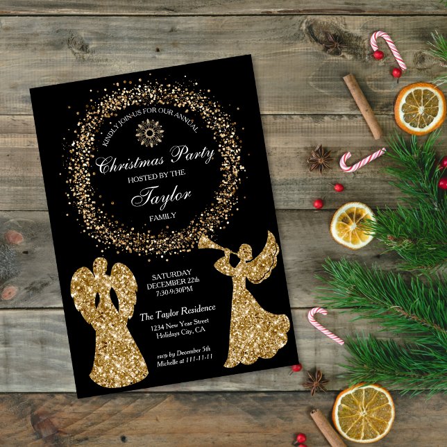 Glitzer Angel Weihnachts-Familienessen Party Einladung (Von Creator hochgeladen)