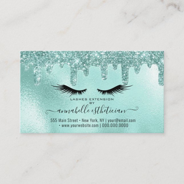 Glitzer Aqua Eyelash Verlängerung Ernennung Visitenkarte (Vorderseite)