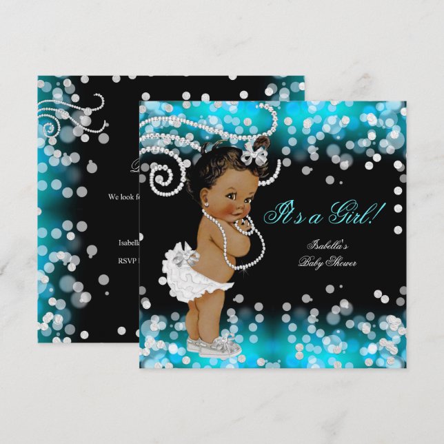 Glitzer Aquamarin Blue Black Girl Baby Dusche ethn Einladung (Vorne/Hinten)