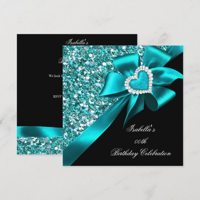 Glitzer Aquamarin Blue Heart Bow Black Birthday Pa Einladung (Vorne/Hinten)