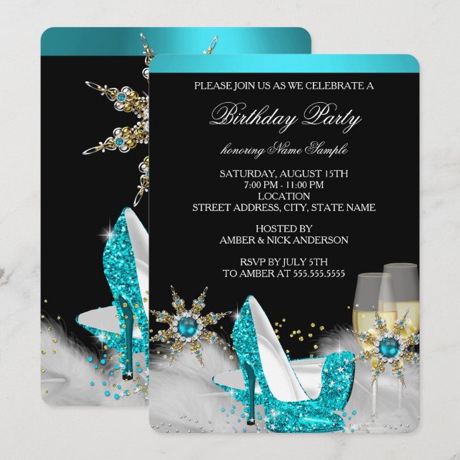 Glitzer Aquamarin Blue High Heel Black Gold Champa Einladung (Vorne/Hinten)