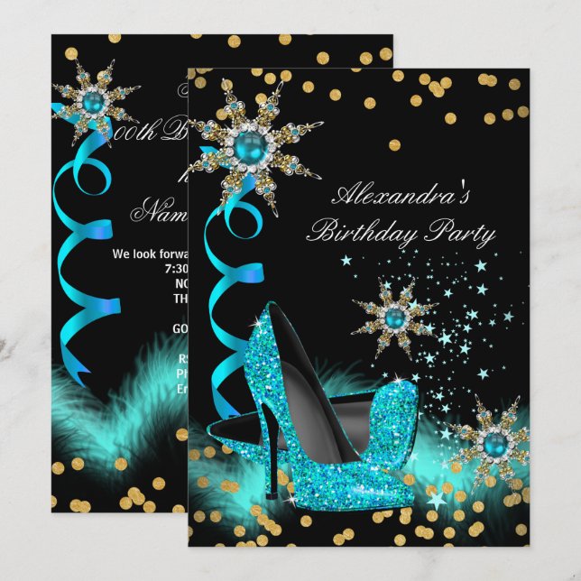 Glitzer Aquamarin Blue High Heels Black Birthday P Einladung (Vorne/Hinten)